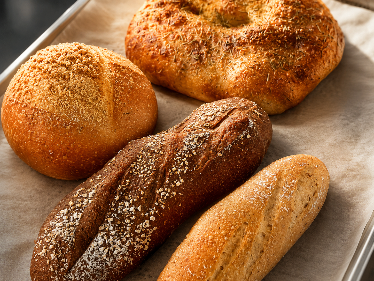Variedad de panes especiales, sesame, hierbas, baguette
