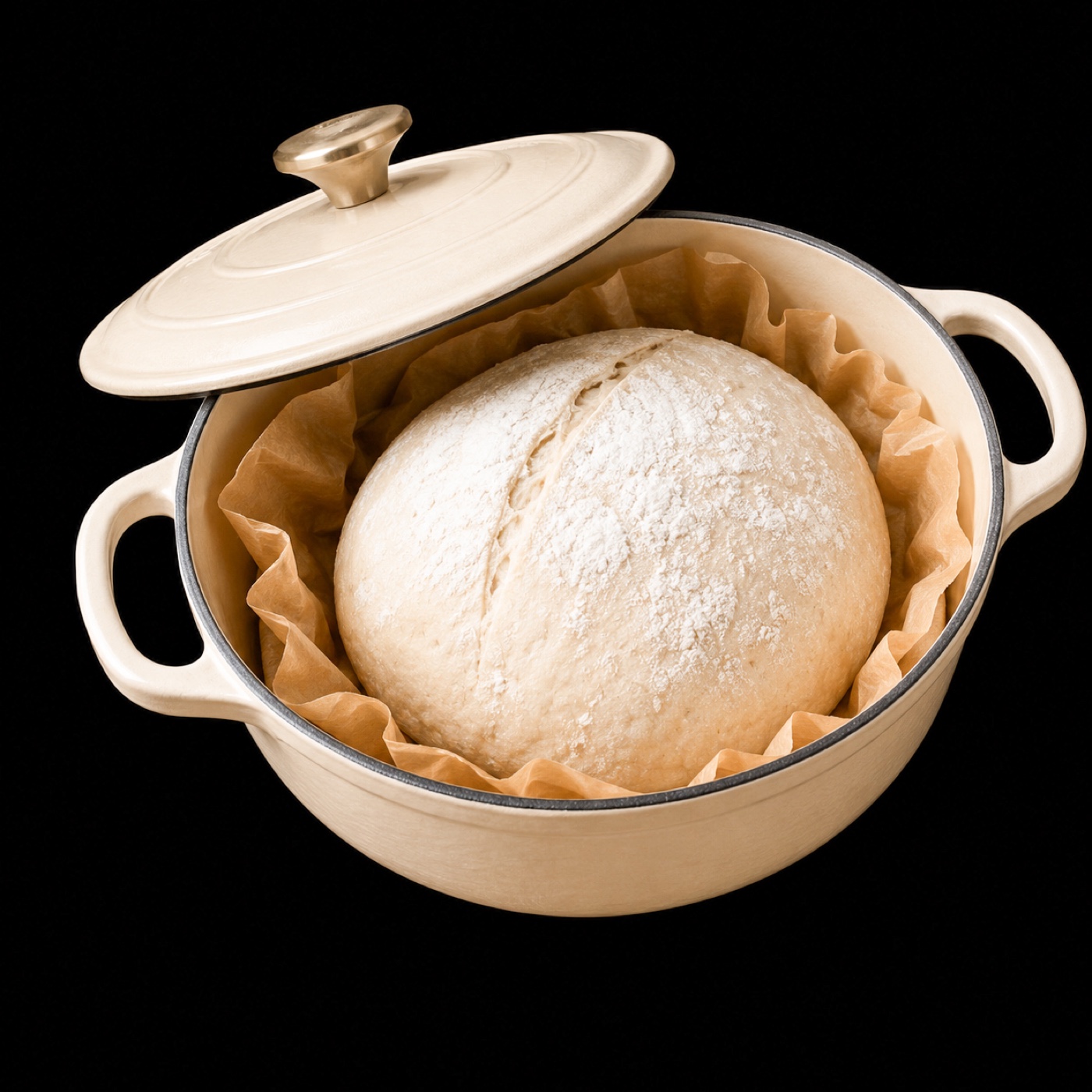 Masa lista para hornear en dutch oven con tapa