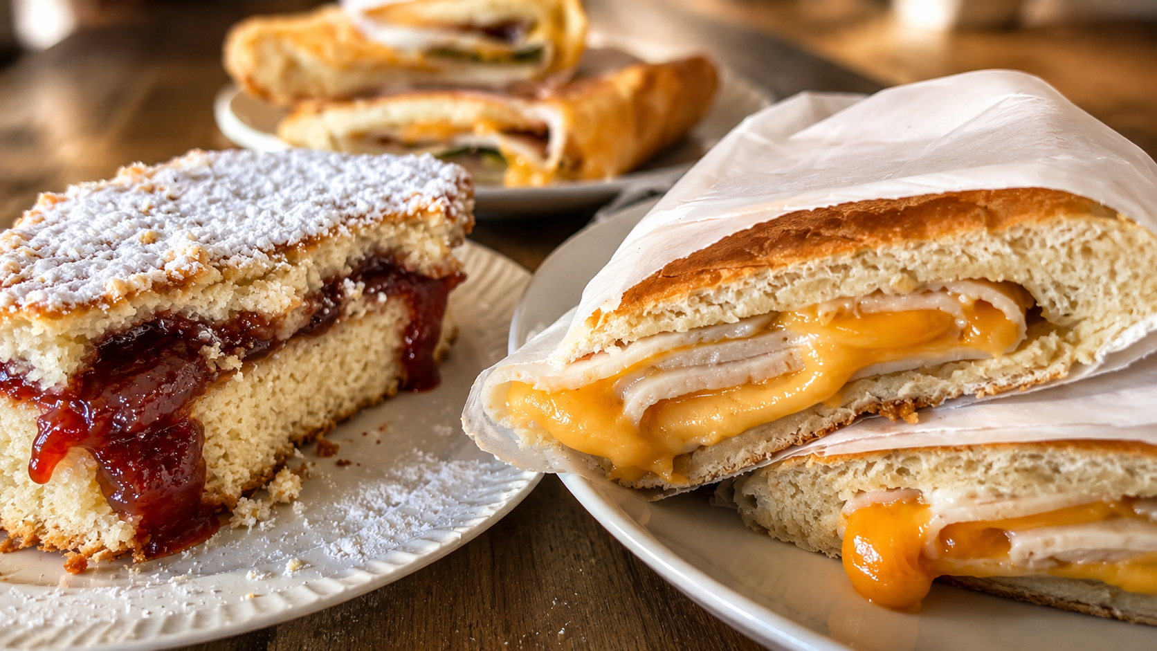 Panetela de coco y guayaba con sándwich de queso y jamón en pan sobao